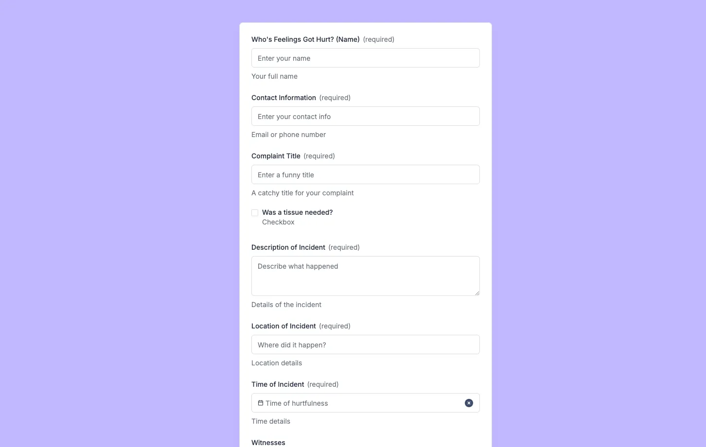 Funny Complaint Form Example