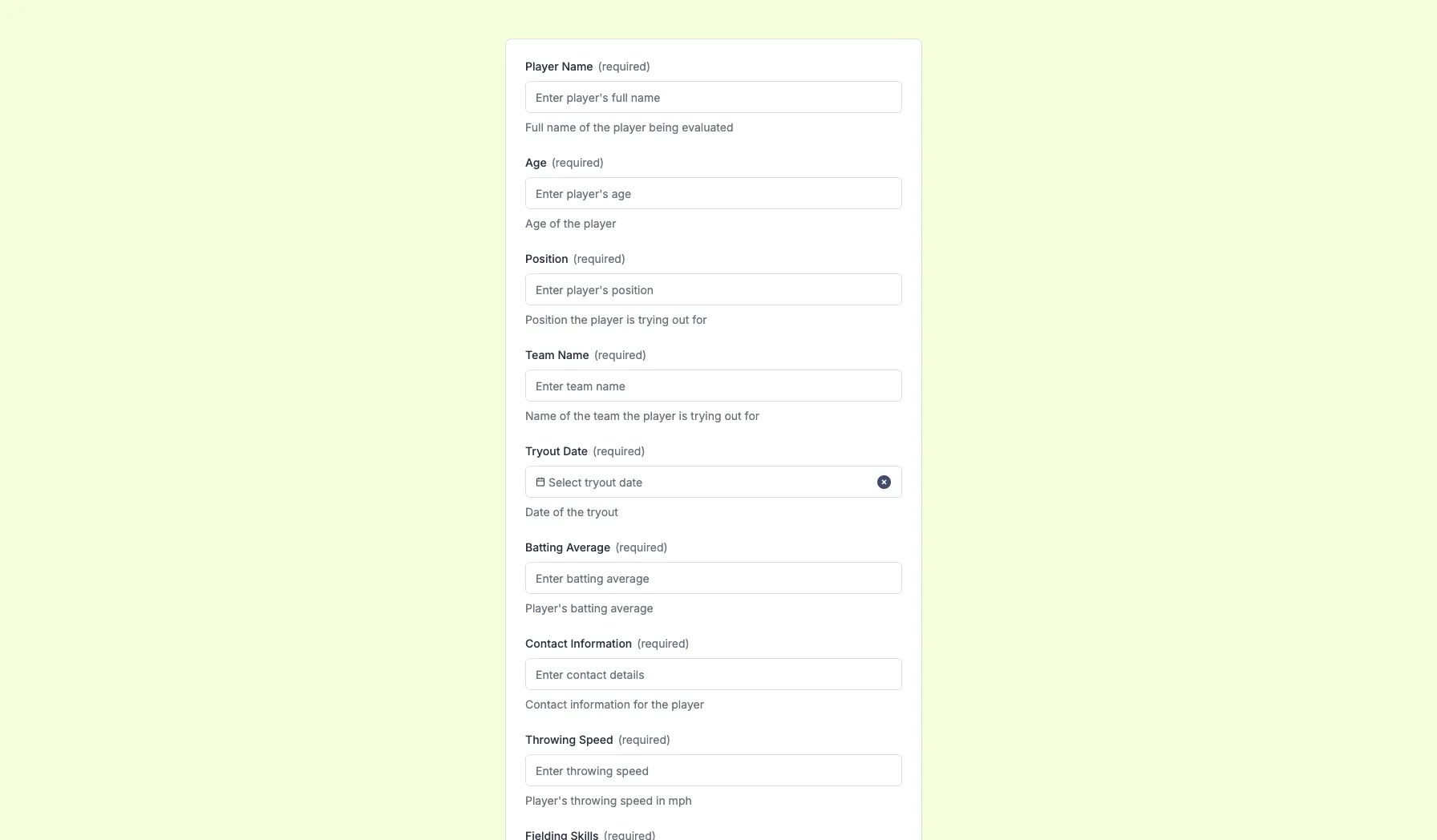 Baseball Tryout Evaluation Form Template Preview