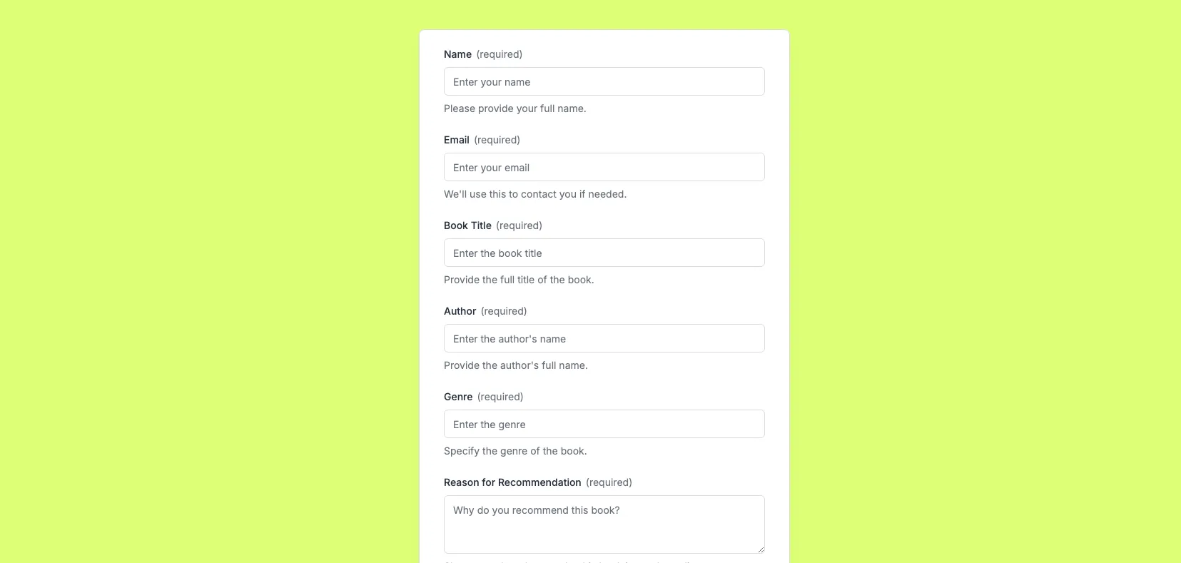 Book Recommendation Form Template